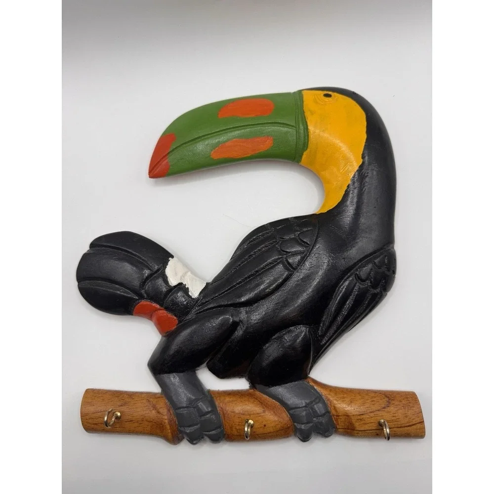Wall Hook Key Holder Pair Toucan Hand Carved Wood‎ Panama Folk Art 3 Hooks